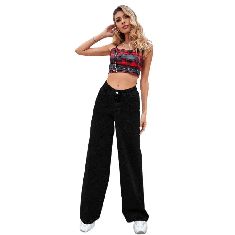 Black high-waisted wide-leg denim jeans worn with a plaid crop top, showcasing a relaxed fit and minimalist design.