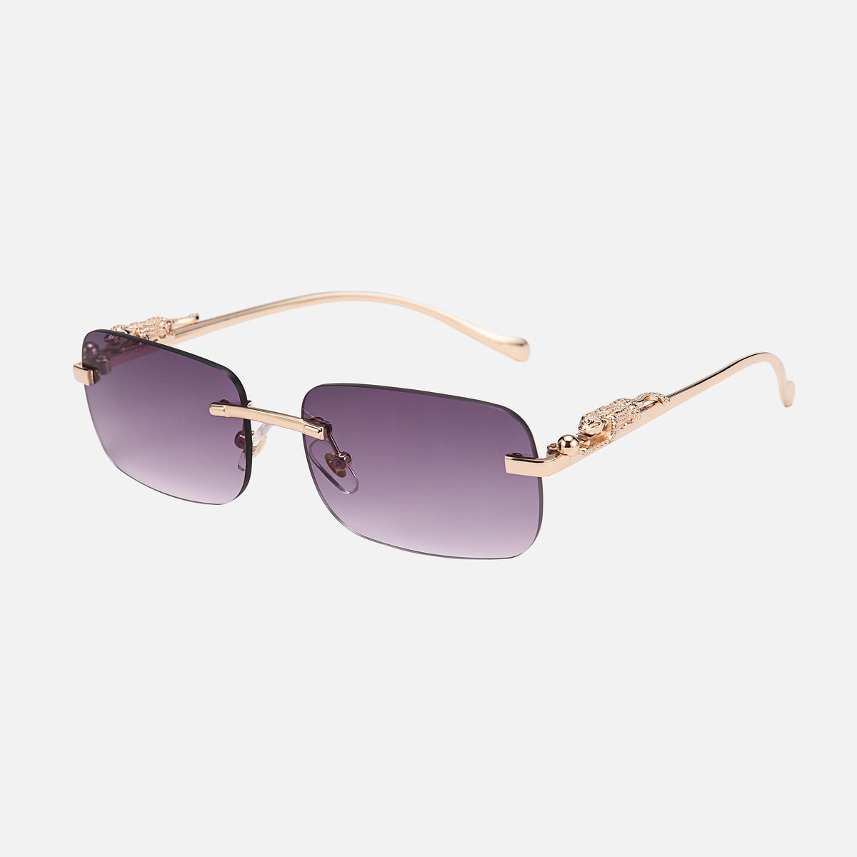 Rimless Y2K sunglasses with gradient purple lenses and metallic gold arms, featuring elegant detailing on the hinges.