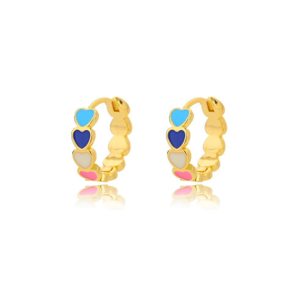 Chunky huggie earrings featuring a gold finish and a heart drop design with blue, purple, white, and pink enamel accents.