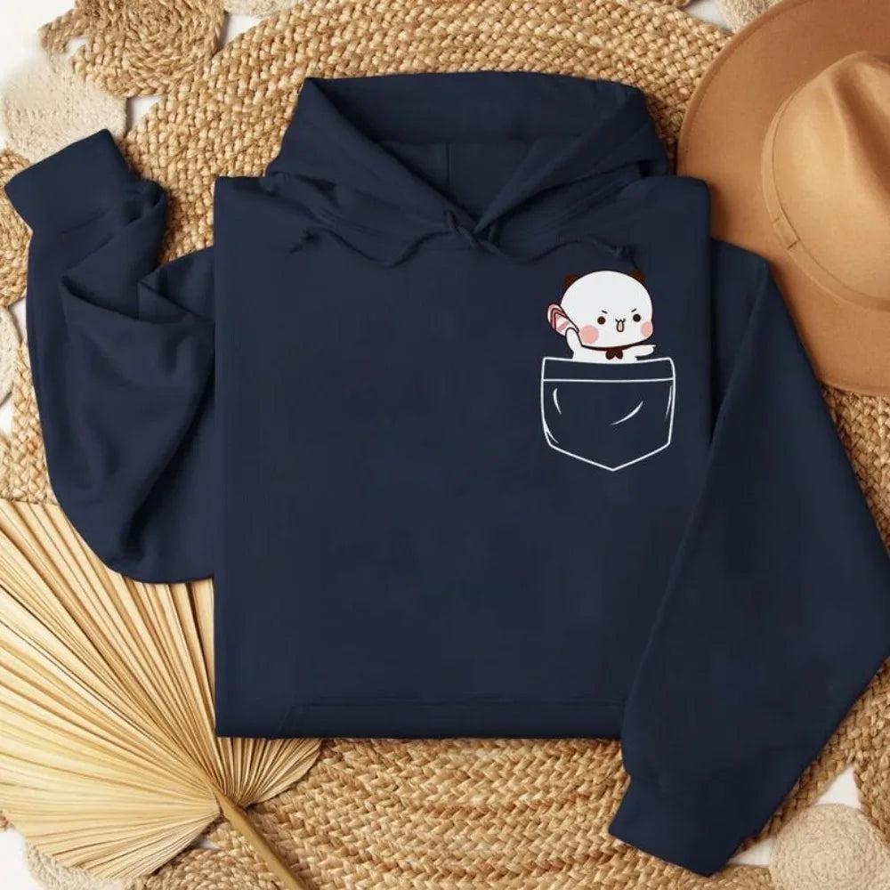 Navy blue oversized hoodie featuring a cute graphic of Bubu Bear peeking from a pocket, with ribbed cuffs and hem.
