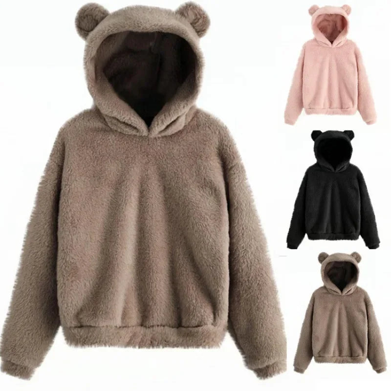 Cozy oversized teddy hoodie in taupe with plush bear ears, relaxed fit, and deep side pockets.