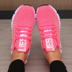 Bright pink LOVORA™ Aura Breathable Knitted Performance Sneakers featuring a slip-on design with a secure lace-up system.