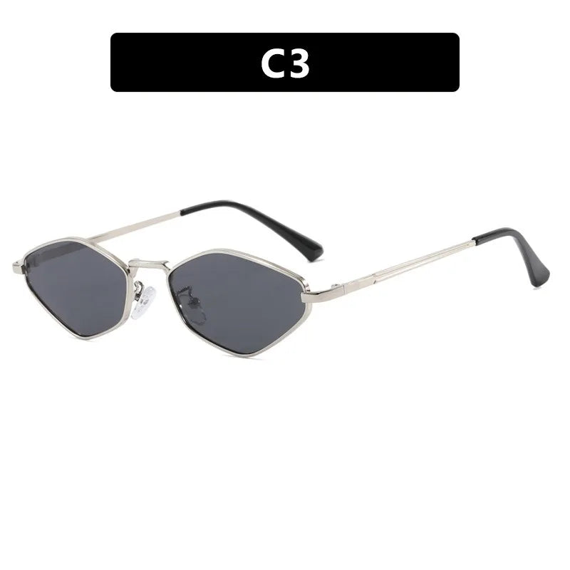 Stylish LOVORA™ Aura sunglasses with diamond-cut polygonal lenses in black and silver metallic frame.