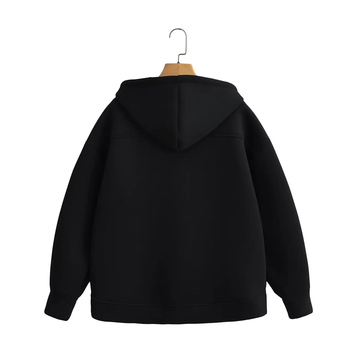 Oversized black hoodie with a double-layered hood, drop-shoulder design, and ribbed cuffs.
