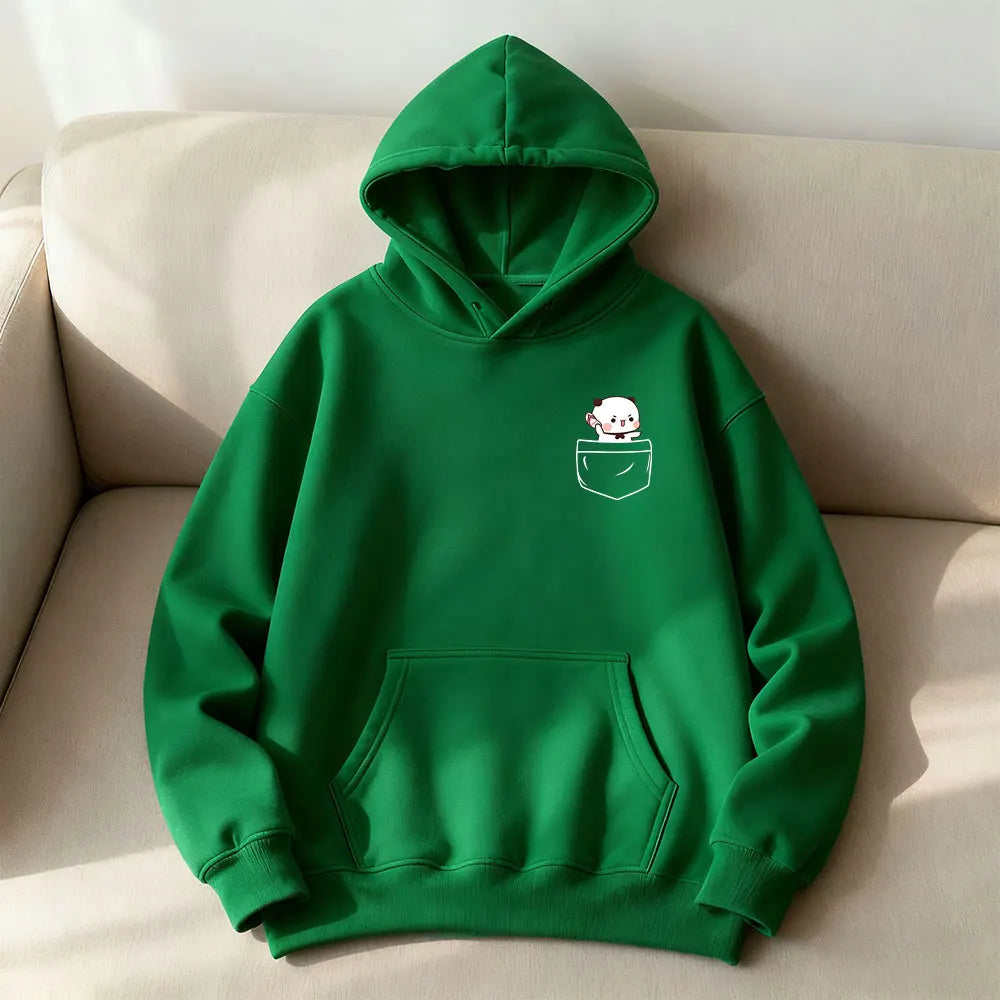 Bright green oversized hoodie featuring a cute graphic of Bubu in a pocket, with a front kangaroo pocket and large hood.