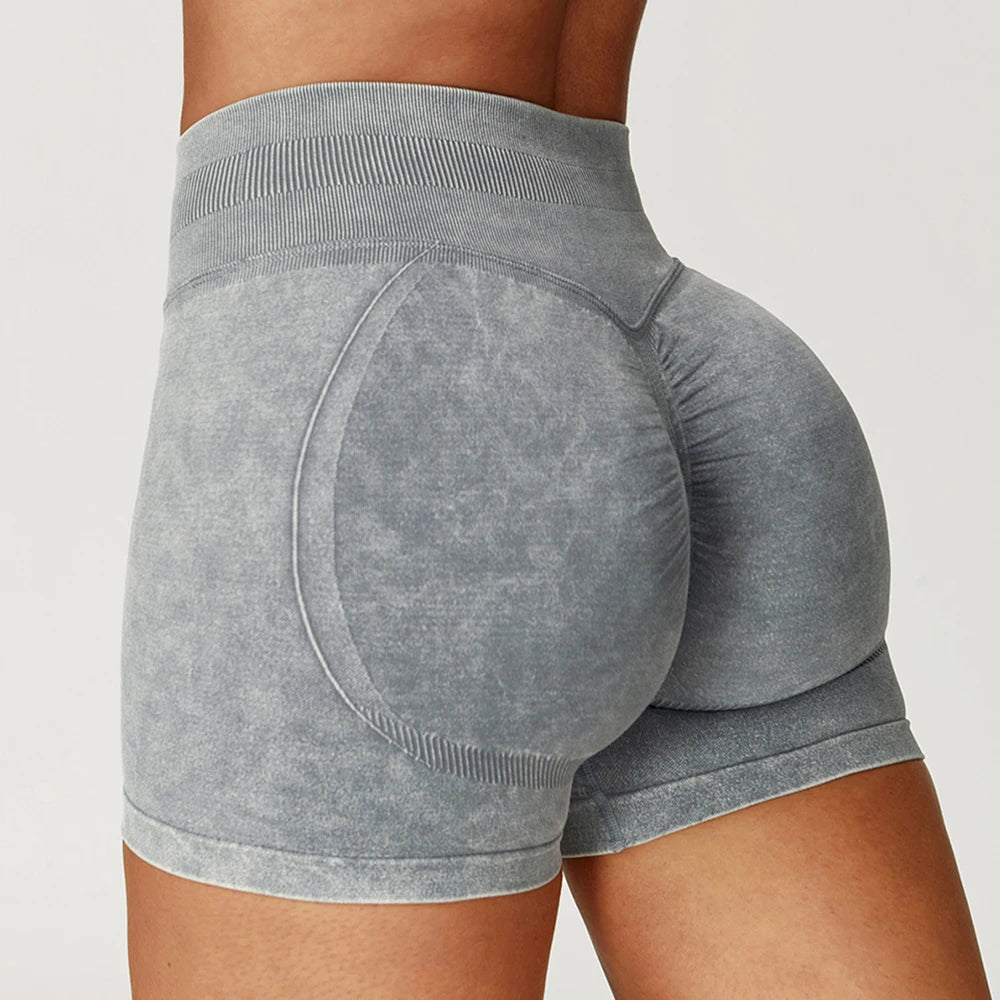 High-rise, seamless gym shorts in a vintage sand-washed gray with contouring lines and a supportive wide waistband.