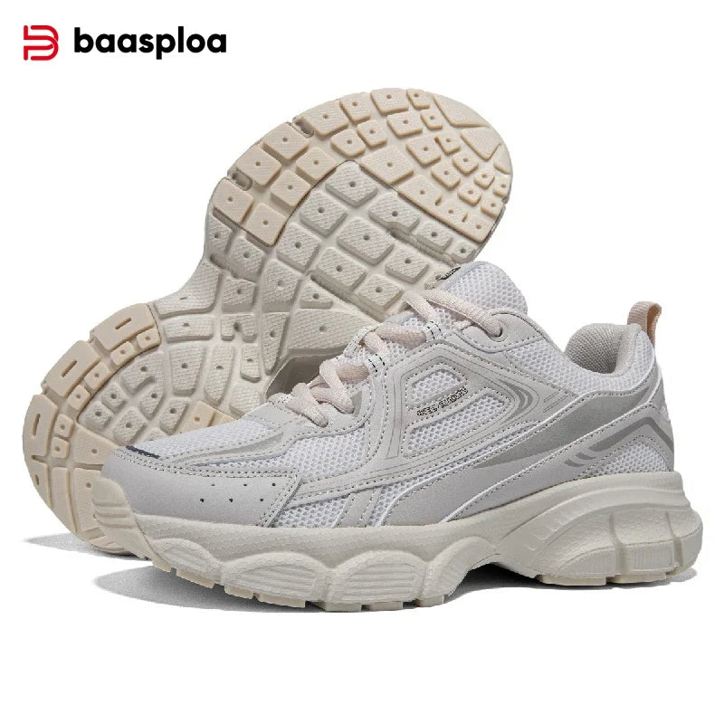 Chunky white sneakers with a breathable mesh upper, layered with silver accents and a thick rubber sole.