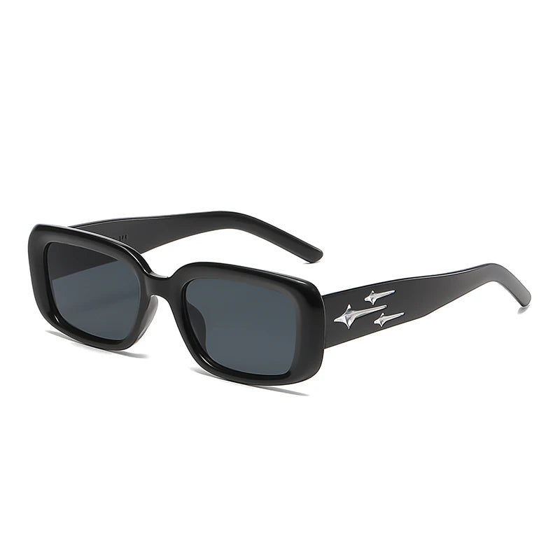 Black wrap-around Y2K sporty sunglasses with tinted lenses and silver accent details on the arms.
