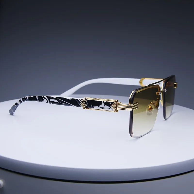 Rimless classic square sunglasses with gradient lenses and gold-tone metallic accents, featuring a black and white printed temple.