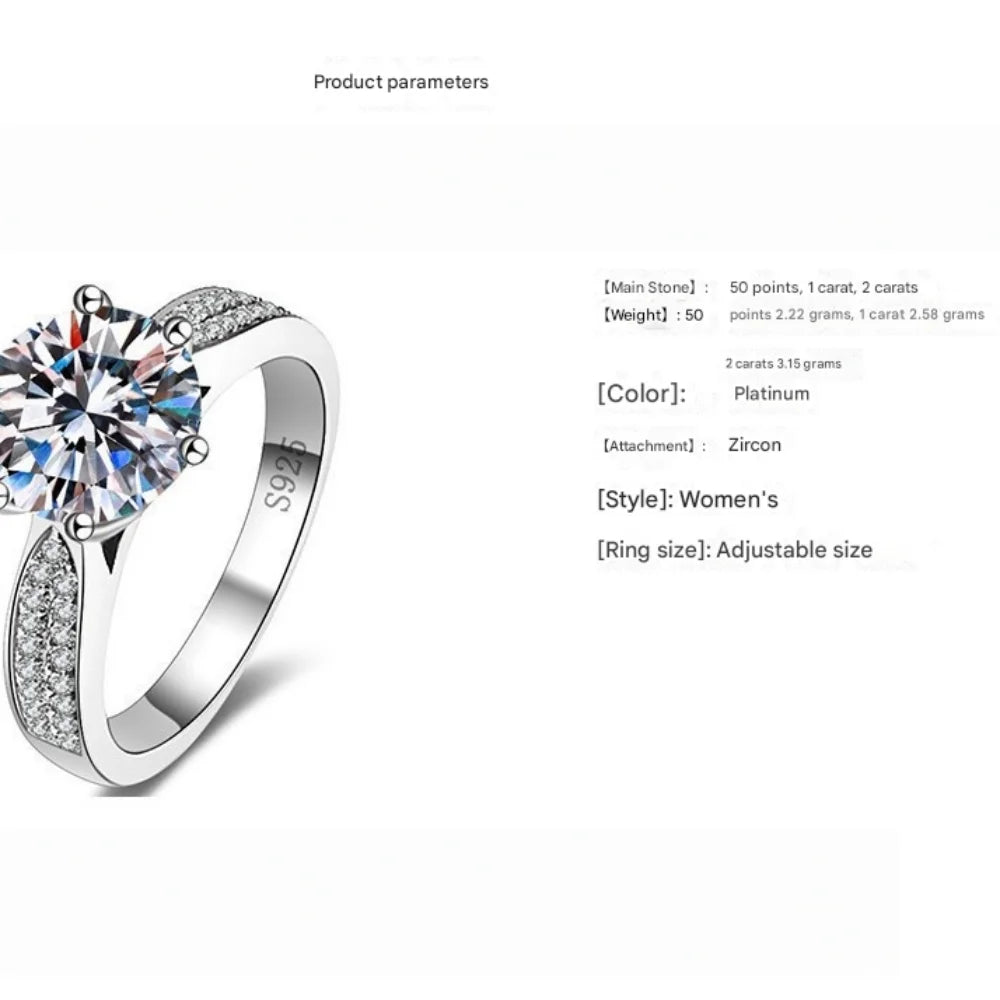 Elegant round-cut Moissanite stone on a shiny 925 sterling silver band, featuring side zircon accents for added sparkle.