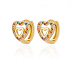 Gold huggie earrings featuring a heart drop design with colorful enamel accents and a secure snap-lock closure.