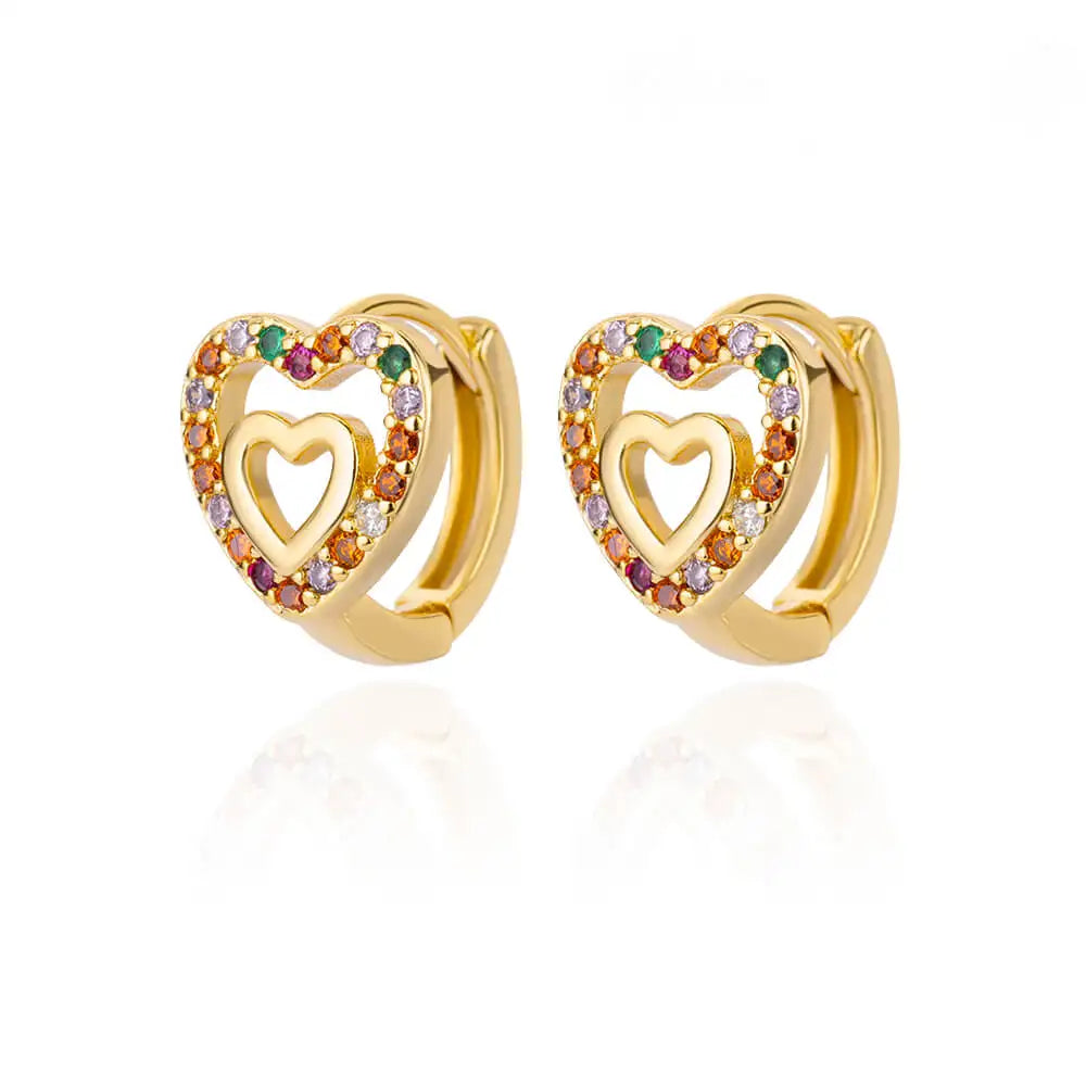 Gold huggie earrings featuring a heart drop design with colorful enamel accents and a secure snap-lock closure.