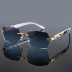 Frameless square sunglasses with gradient lenses, gold-tone accents, and white temples. Reflective surface enhances details.