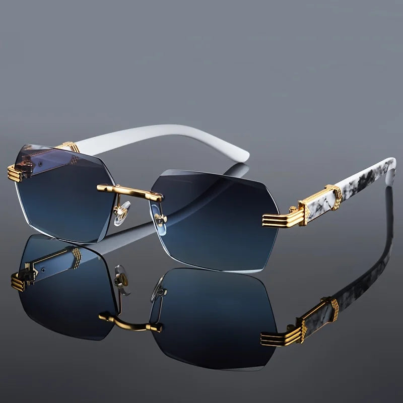 Frameless square sunglasses with gradient lenses, gold-tone accents, and white temples. Reflective surface enhances details.