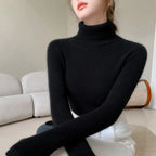 Black ribbed slim-fit turtleneck sweater with high collar, worn by a model with long sleeves, styled casually with light bottoms.
