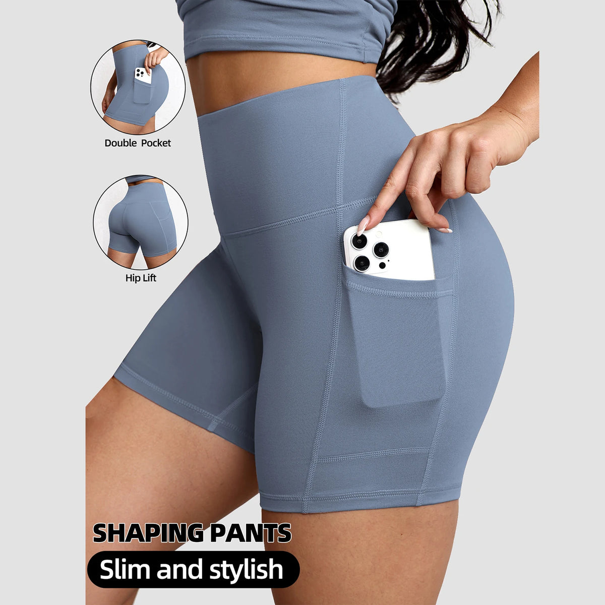 High-waisted seamless yoga shorts in light blue with dual side pockets and a body-sculpting fit.