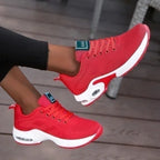 Red LOVORA™ Aura Air Boost Platform Premium Sneakers with a mesh upper and white sole, featuring an air-cushion chamber.