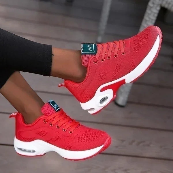Red LOVORA™ Aura Air Boost Platform Premium Sneakers with a mesh upper and white sole, featuring an air-cushion chamber.
