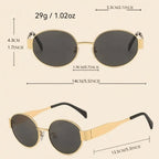 Geometric hexagonal sunglasses with a gold metal frame, dark tinted lenses, and black temple arms.
