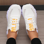White LOVORA™ Aura Breathable Knitted Performance Sneakers with yellow accents, featuring a stretchy knit upper and lightweight sole.