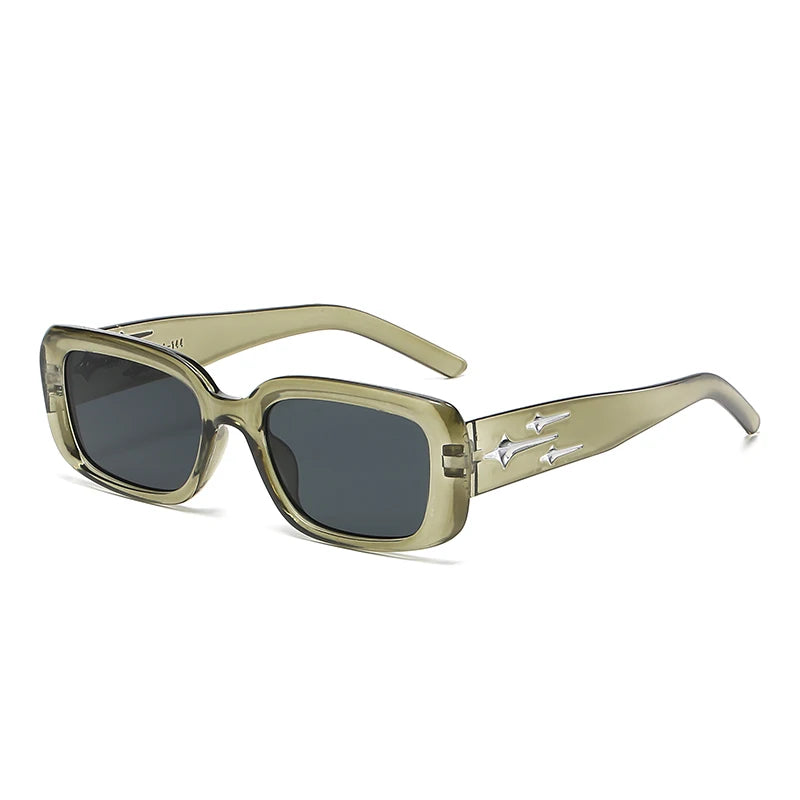 Olive green cyberpunk sunglasses with dark tinted lenses, featuring an aerodynamic wrap-around frame and metallic detailing.