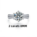 Round-cut Moissanite ring set in 925 sterling silver, featuring a high-polish band with side stones, 2 carats, 8mm.
