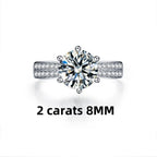 Round-cut Moissanite ring set in 925 sterling silver, featuring a high-polish band with side stones, 2 carats, 8mm.