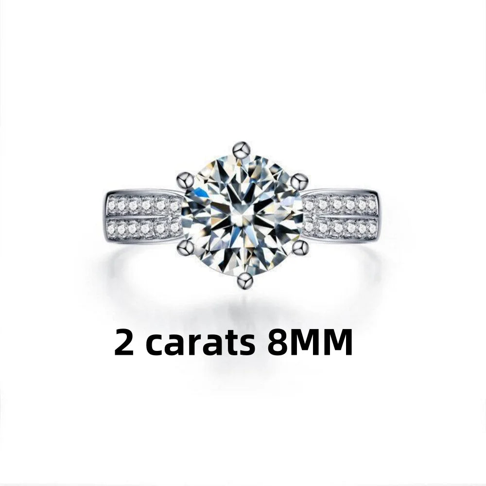 Round-cut Moissanite ring set in 925 sterling silver, featuring a high-polish band with side stones, 2 carats, 8mm.