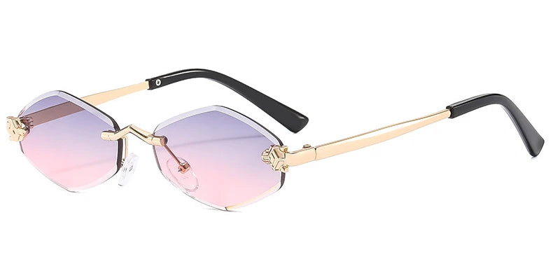 Rimless sunglasses featuring a narrow rhombus shape with gradient pink lenses and slender gold metal temples.