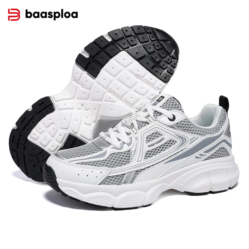 Chunky white sneakers with a tech streetwear style, featuring breathable mesh panels and a thick sculpted rubber sole.